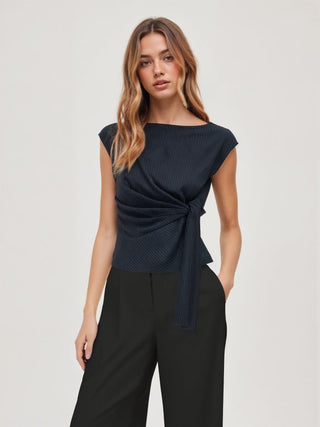 Woven Boat Neck Stripe Knotted Oversized Top For Work