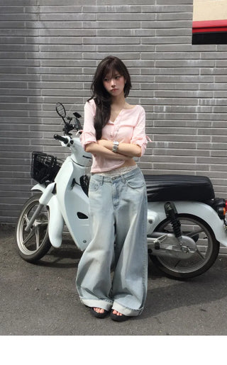 Highly Praised Split Super Wide Light Blue Faded Denim Pants