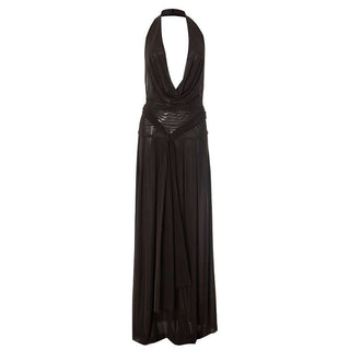Halter cowl neck mesh pleated backless maxi dress