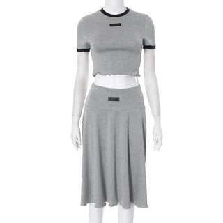 Crewneck short sleeve ruffle contrast midi skirt set