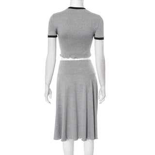 Crewneck short sleeve ruffle contrast midi skirt set
