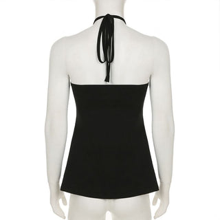 Hollow out halter self tie slit solid cut out top