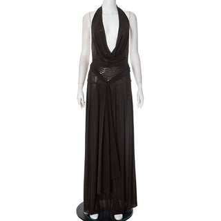 Halter cowl neck mesh pleated backless maxi dress