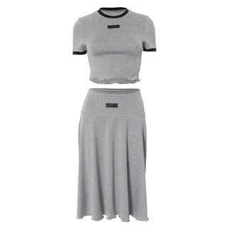 Crewneck short sleeve ruffle contrast midi skirt set
