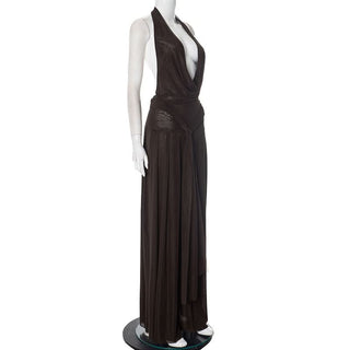 Halter cowl neck mesh pleated backless maxi dress