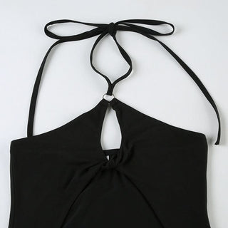 Hollow out halter self tie slit solid cut out top