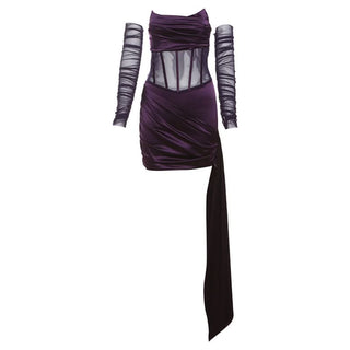 Ruched zip-up mesh corset irregular tube mini dress