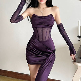 Ruched zip-up mesh corset irregular tube mini dress