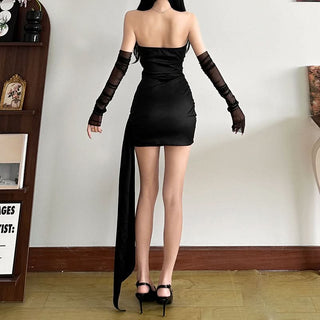 Ruched zip-up mesh corset irregular tube mini dress