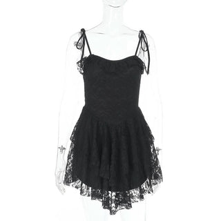 Lace hem ruched self tie backless cami mini dress