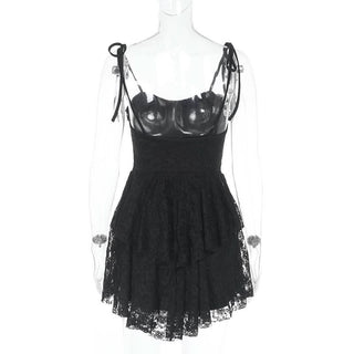 Lace hem ruched self tie backless cami mini dress