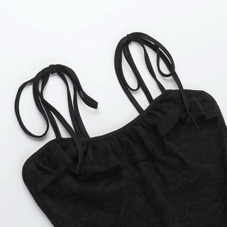 Lace hem ruched self tie backless cami mini dress