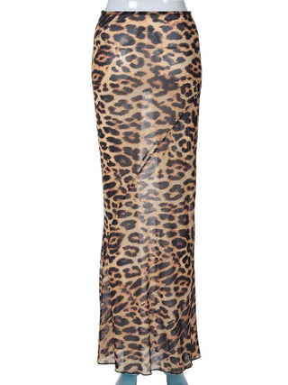Leopard print chiffon see through maxi skirt