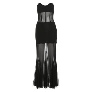 Mesh sweetheart neck solid tube maxi dress