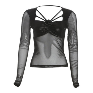 Long sleeve mesh hollow out flower applique cut out top