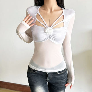 Long sleeve mesh hollow out flower applique cut out top