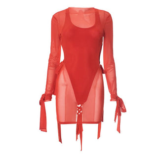 Long sleeve mesh cross back button mini dress