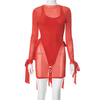 Long sleeve mesh cross back button mini dress