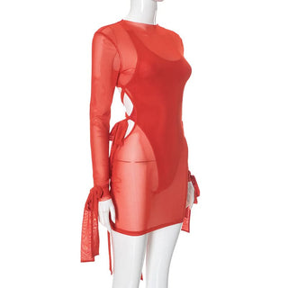 Long sleeve mesh cross back button mini dress