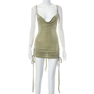 Cowl neck drawstring ruched cami mini dress