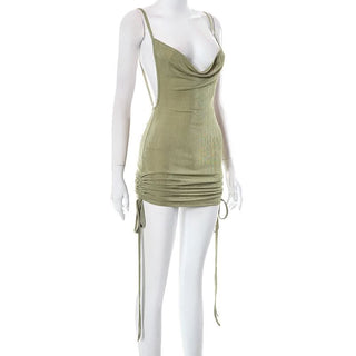 Cowl neck drawstring ruched cami mini dress