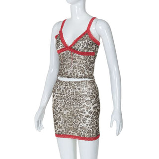Leopard print lace hem v neck cami mini skirt set