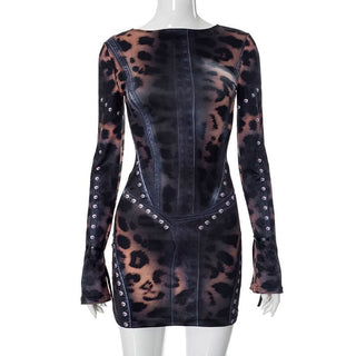 Long sleeve leopard print crewneck mini dress