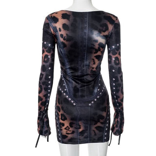 Long sleeve leopard print crewneck mini dress