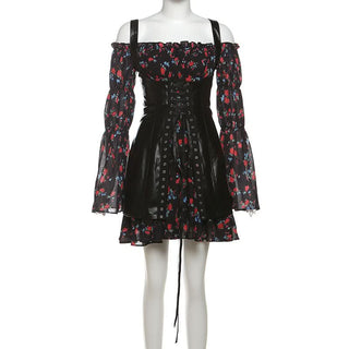 Off shoulder long sleeve flower print PU leather 2 piece mini dress