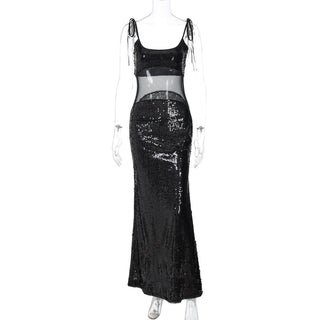 U neck glitter mesh cami maxi dress
