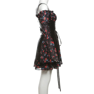 Off shoulder long sleeve flower print PU leather 2 piece mini dress