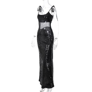 U neck glitter mesh cami maxi dress