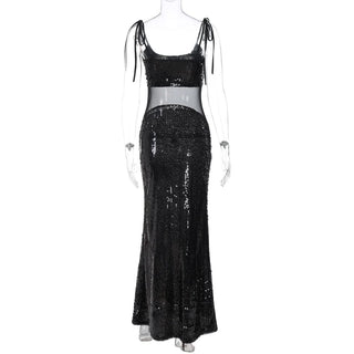 U neck glitter mesh cami maxi dress