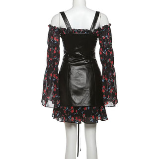 Off shoulder long sleeve flower print PU leather 2 piece mini dress