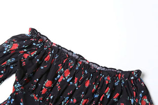 Off shoulder long sleeve flower print PU leather 2 piece mini dress