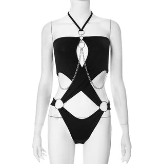 Halter hollow out metal chain o ring bodysuit