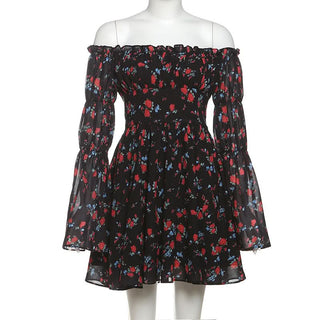 Off shoulder long sleeve flower print ruffle mini dress