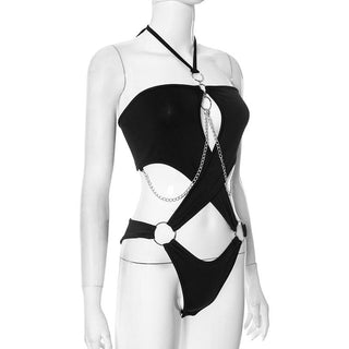 Halter hollow out metal chain o ring bodysuit