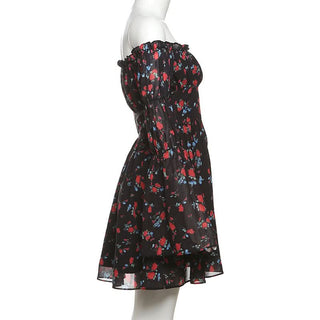 Off shoulder long sleeve flower print ruffle mini dress