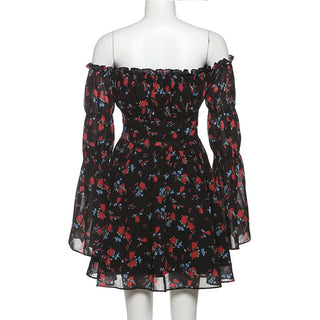 Off shoulder long sleeve flower print ruffle mini dress