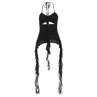 Halter mesh flower applique hollow out ruffle cut out top