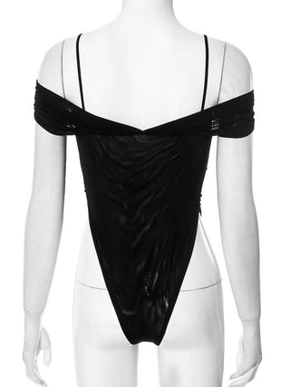 V neck off shoulder ruched bodysuit