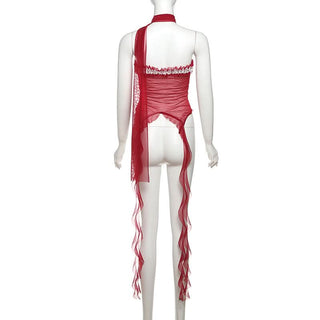 Halter ruffle mesh lace hem top