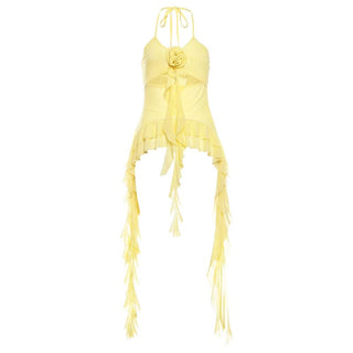 Halter mesh flower applique hollow out ruffle cut out top