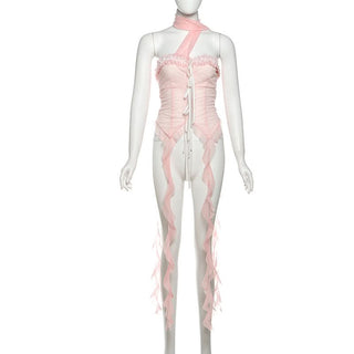 Halter ruffle mesh lace hem top