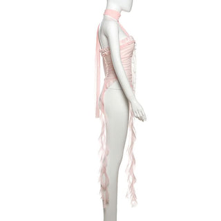 Halter ruffle mesh lace hem top