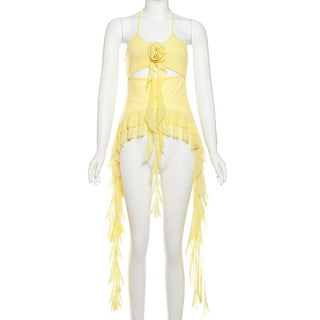 Halter mesh flower applique hollow out ruffle cut out top