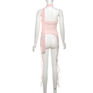 Halter ruffle mesh lace hem top