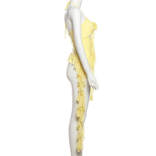 Halter mesh flower applique hollow out ruffle cut out top