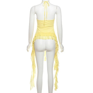 Halter mesh flower applique hollow out ruffle cut out top